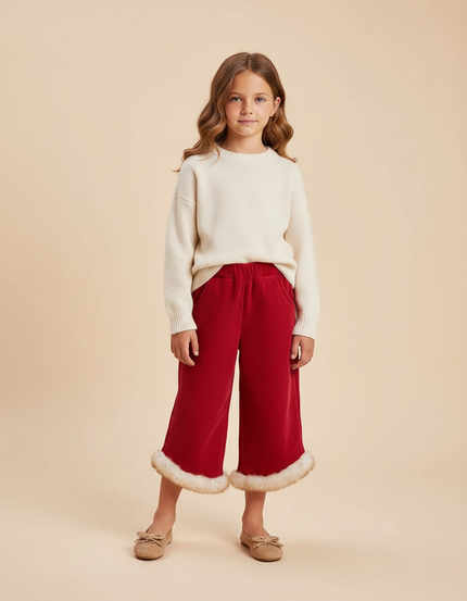 Pantalon Velours Rouge Côtelé Hiver Fille Doublé Fourrure - Cordé