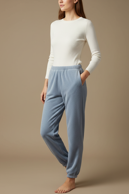 Pantalon Velours Bleu Doux Confortable Élastique Femme