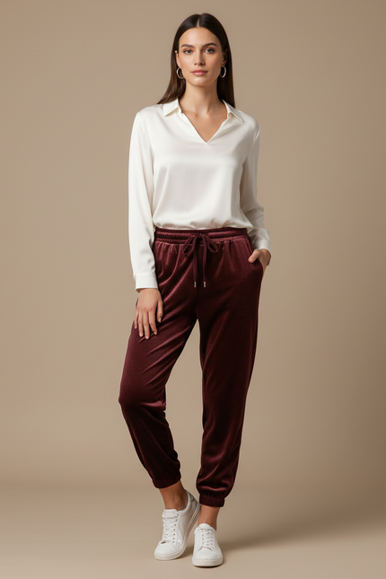 Pantalon Velours Bordeaux Jogger Confortable Femme