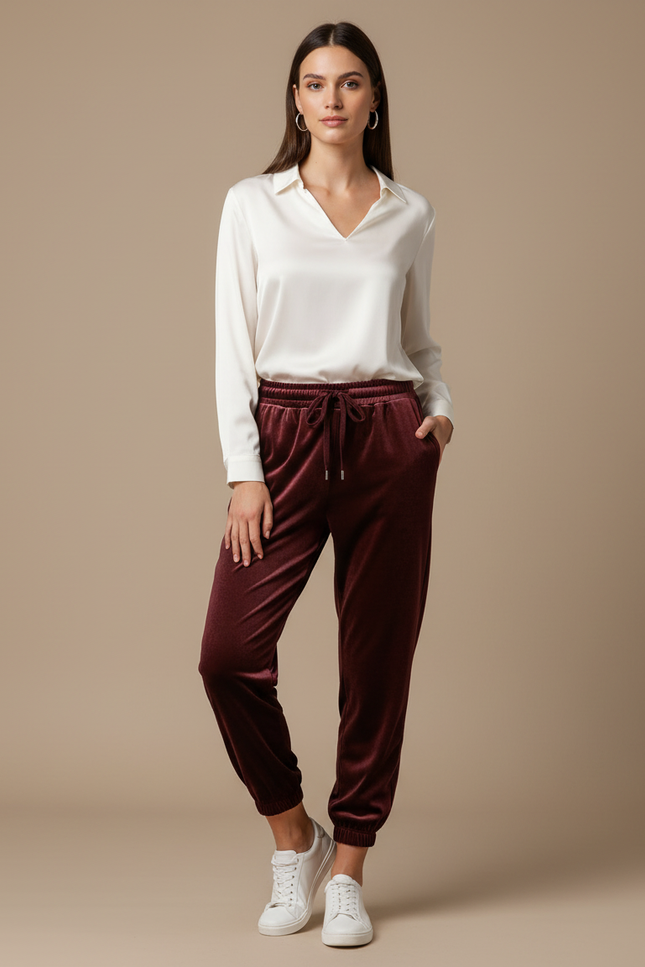 Pantalon Velours Bordeaux Jogger Confortable Femme