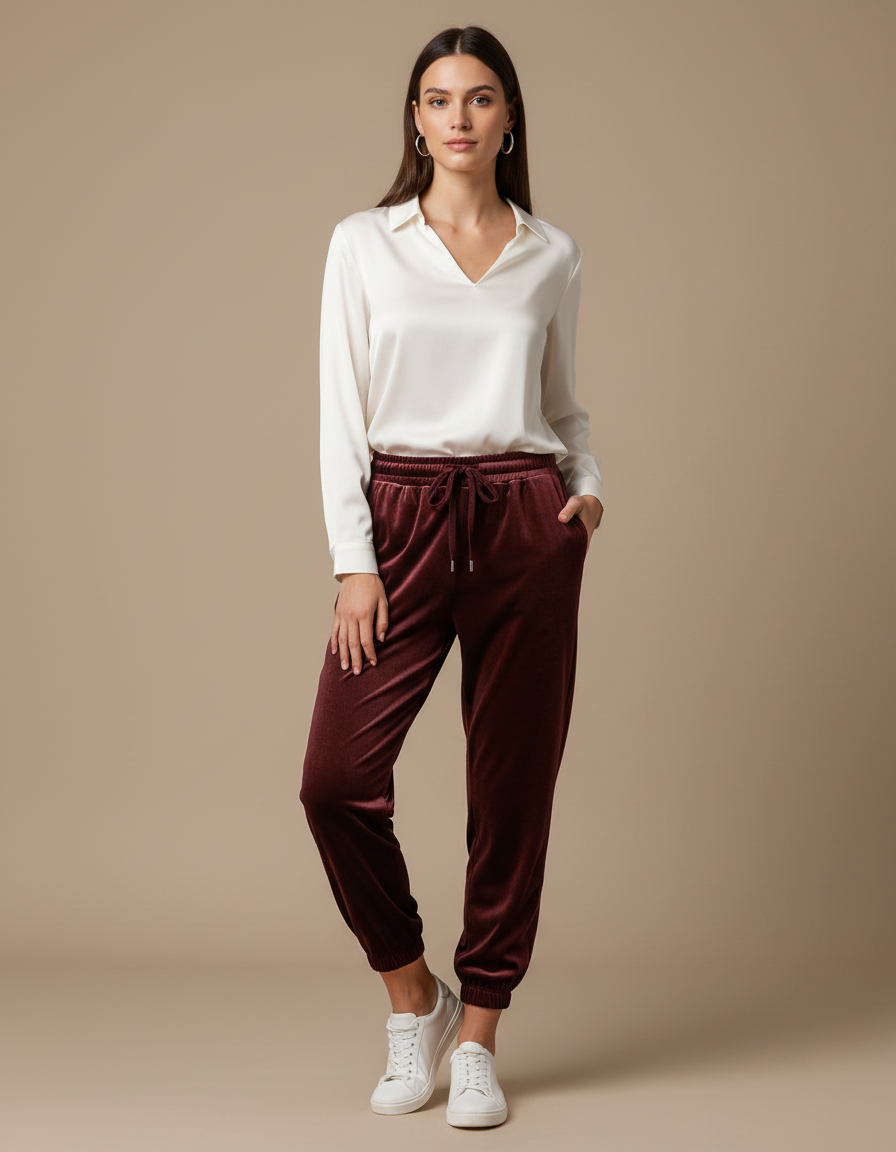 Pantalon Velours Bordeaux Jogger Confortable Femme