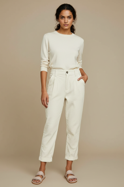 Pantalon Velours Femme Blanc - Cordé