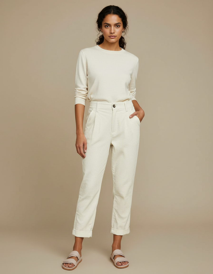 Pantalon Velours Femme Blanc - Cordé
