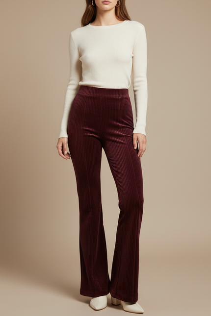 Pantalon Velours Bordeaux Côtelé Évasé Élégant Femme - Cordé