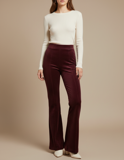 Pantalon Velours Bordeaux Côtelé Évasé Élégant Femme - Cordé