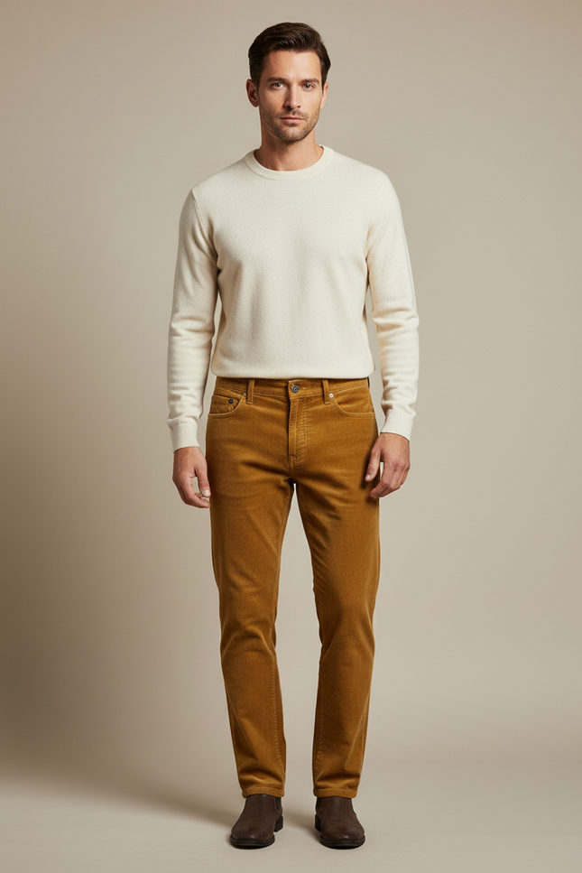 Pantalon Velours Côtelé Homme Droit Marron Élégant - Camel Cordé
