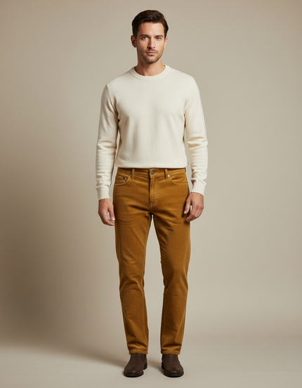 Pantalon Velours Côtelé Homme Droit Marron Élégant - Camel Cordé