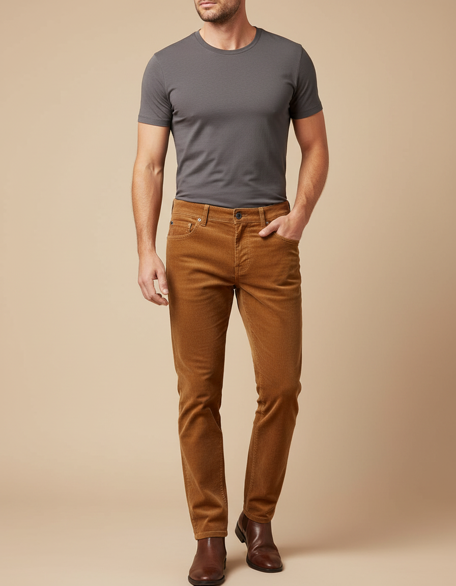 Pantalon Velours Côtelé Marron Coupe Droite Homme - Cordé