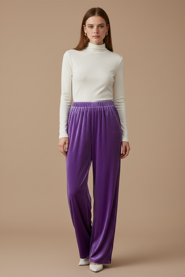 Pantalon Velours Violet Ample Fluide Élastique Femme