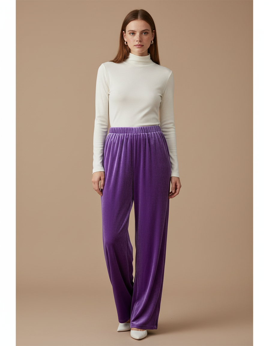 Pantalon Velours Violet Ample Fluide Élastique Femme