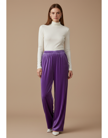 Pantalon Velours Violet Ample Fluide Élastique Femme
