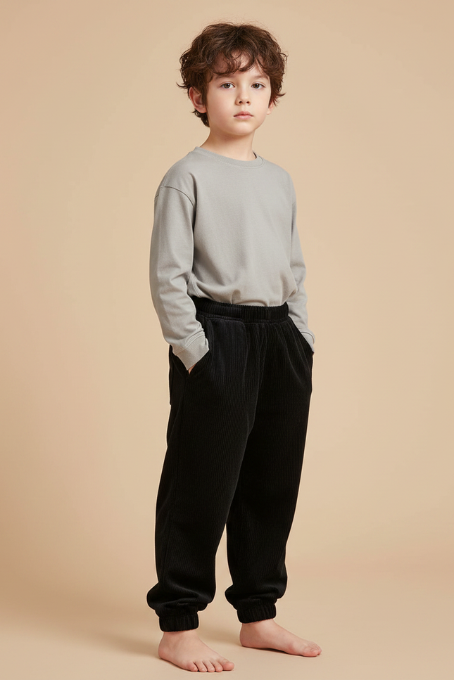 Pantalon Velours Côtelé Noir Ample Enfant - Cordé