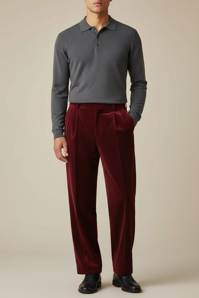 Pantalon Velours Rouge Plissé Ample Homme Élégant - Bordeaux