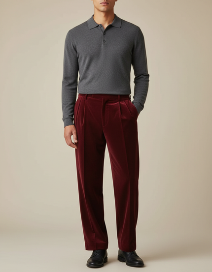 Pantalon Velours Rouge Plissé Ample Homme Élégant - Bordeaux