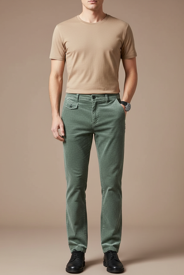 Pantalon Velours Côtelé Vert Droit Homme Chic - Cordé