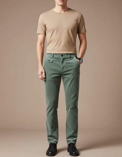 Pantalon Velours Côtelé Vert Droit Homme Chic - Cordé