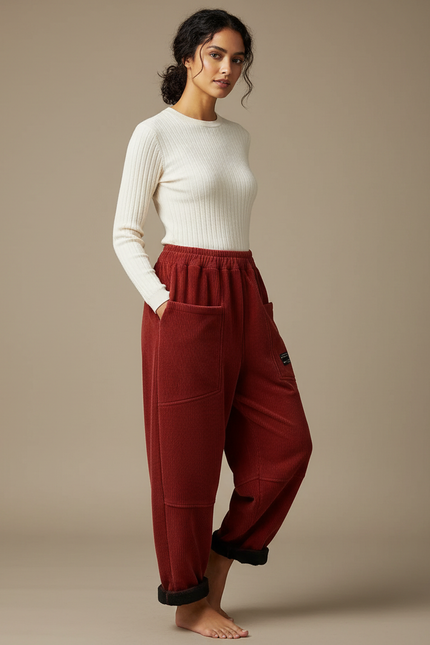 Pantalon Velours Côtelé Ample Rouge Hiver Femme - Bordeaux Cordé