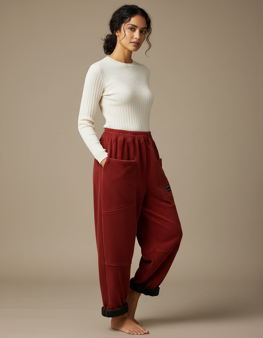 Pantalon Velours Côtelé Ample Rouge Hiver Femme - Bordeaux Cordé