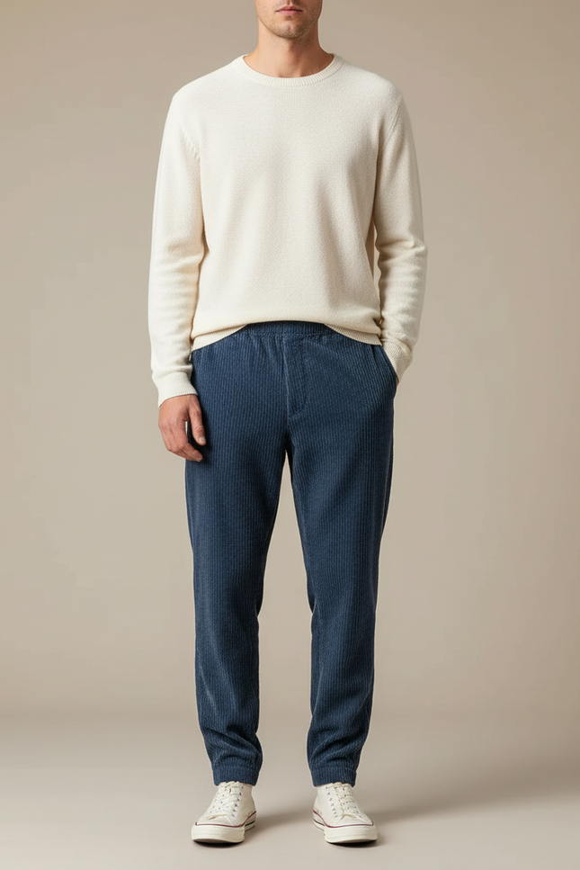 Pantalon Velours Côtelé Bleu Décontracté Homme - Cordé