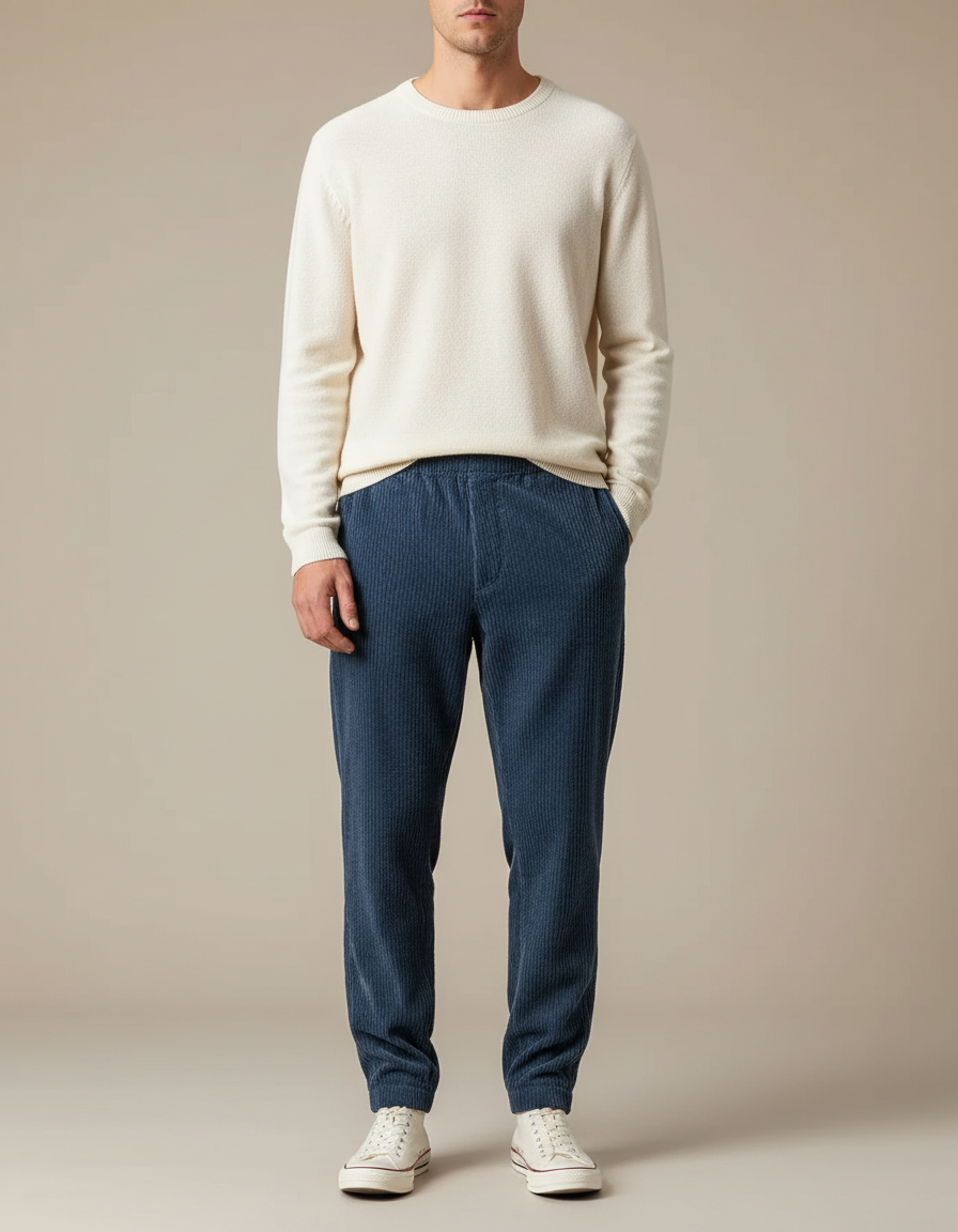 Pantalon Velours Côtelé Bleu Décontracté Homme - Cordé