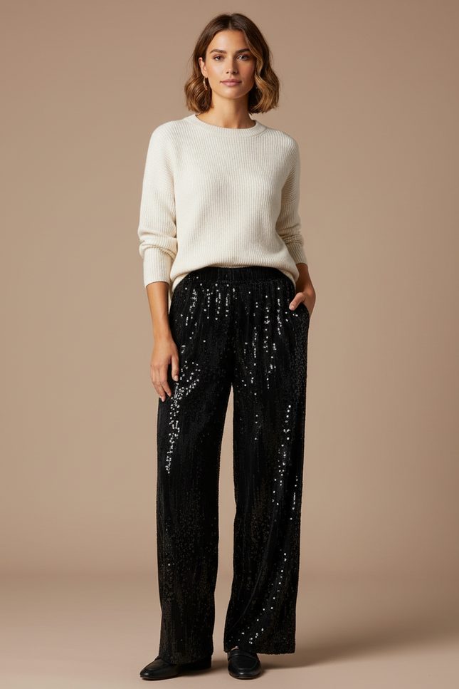 Pantalon Velours Noir Pailleté Ample Élastique Femme