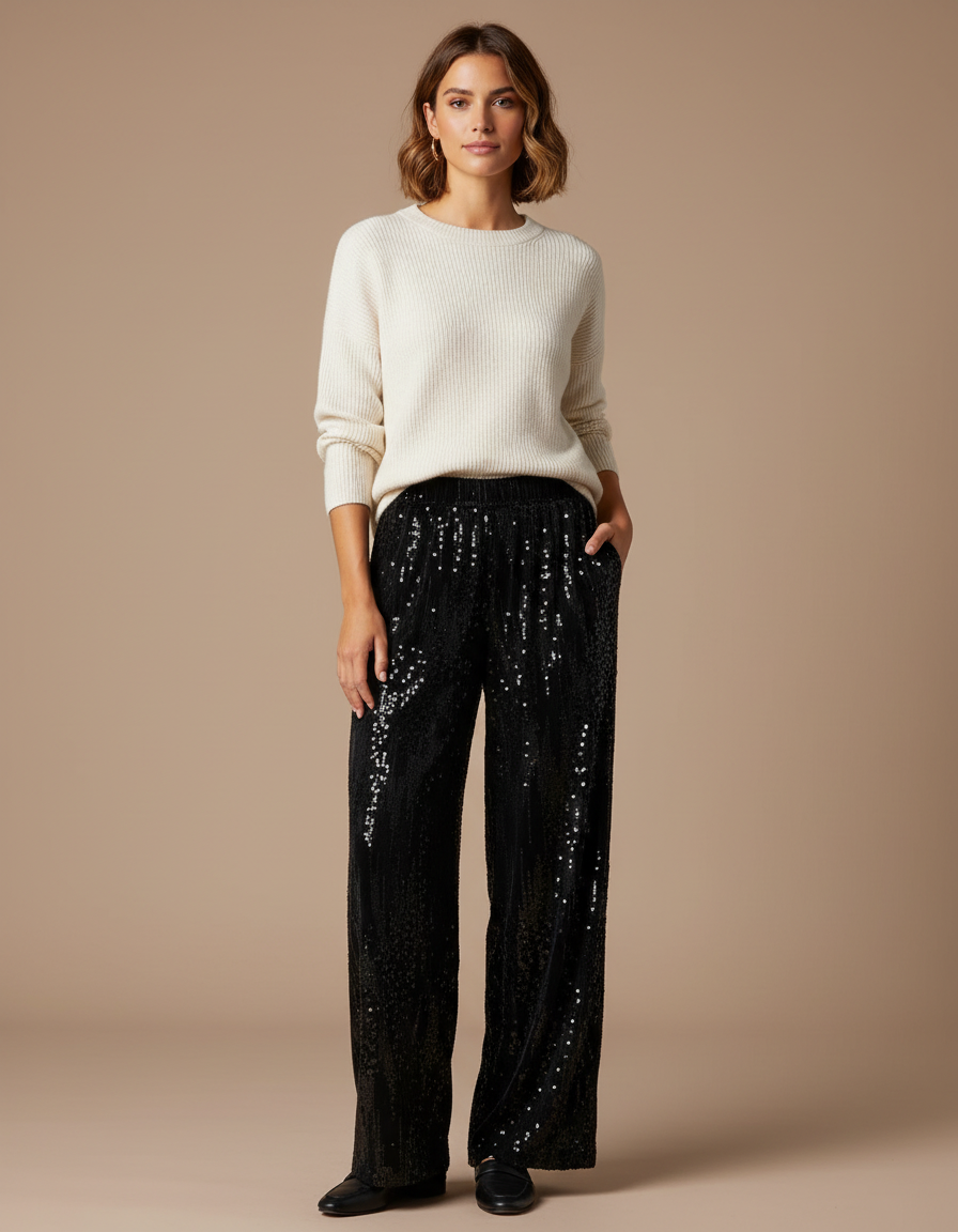 Pantalon Velours Noir Pailleté Ample Élastique Femme