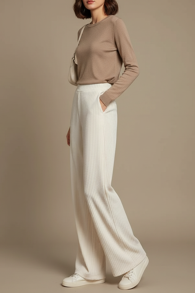 Pantalon Velours Côtelé Blanc Cassé Ample Décontracté Élégant - Cordé