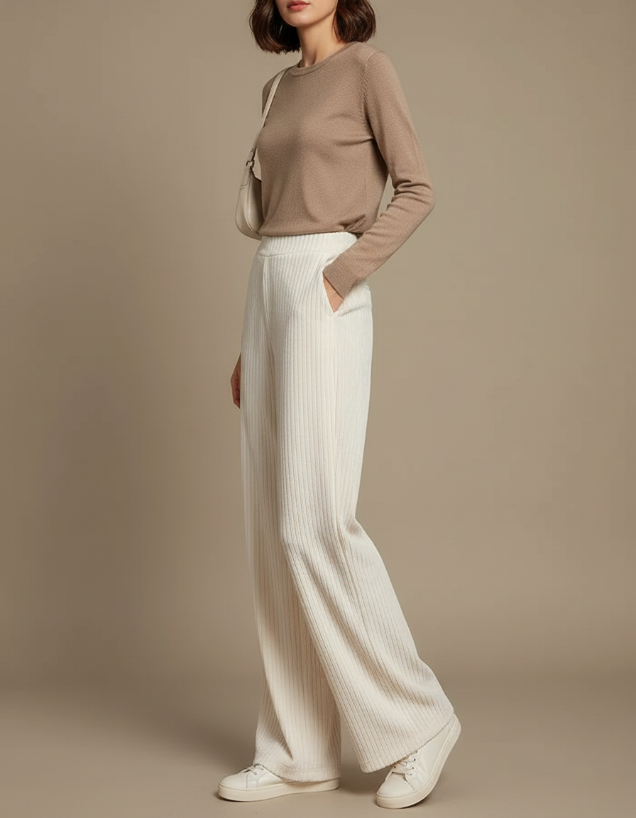 Pantalon Velours Côtelé Blanc Cassé Ample Décontracté Élégant - Cordé