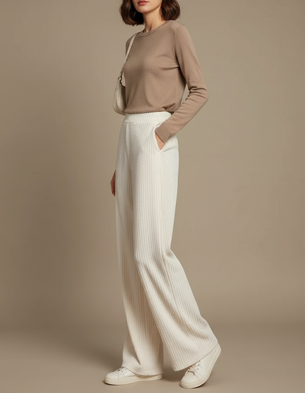 Pantalon Velours Côtelé Blanc Cassé Ample Décontracté Élégant - Cordé