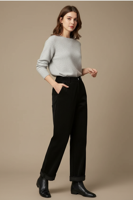 Pantalon Velours Noir Ample Taille Haute Femme - Cordé