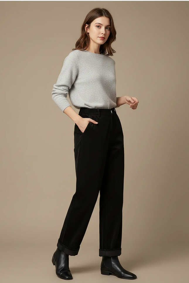 Pantalon Velours Noir Ample Taille Haute Femme - Cordé