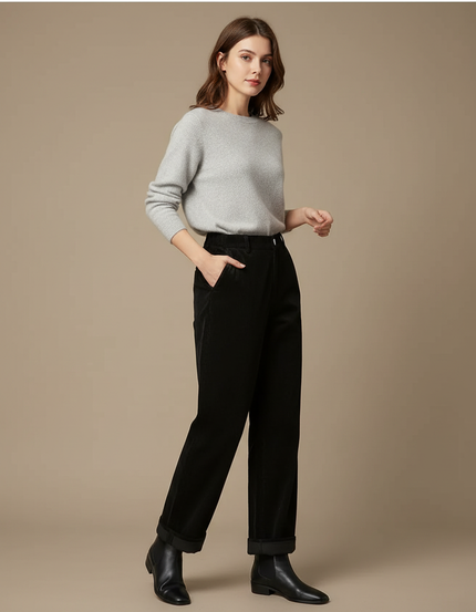 Pantalon Velours Noir Ample Taille Haute Femme - Cordé