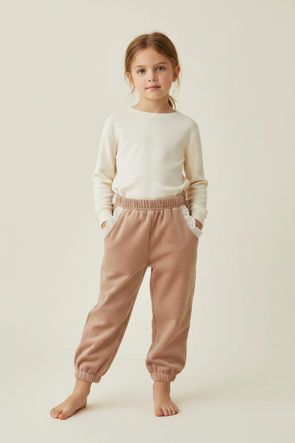 Pantalon Velours Enfant Fille Rose Dentelle Décontracté