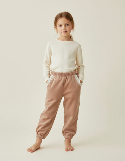 Pantalon Velours Enfant Fille Rose Dentelle Décontracté