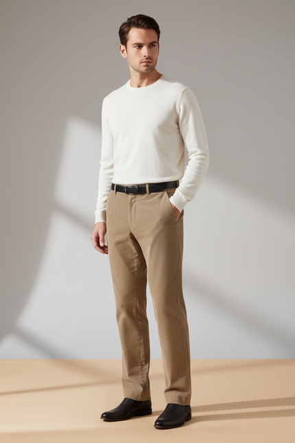 Pantalon Velours Côtelé Beige Homme Droit Élégant - Cordé