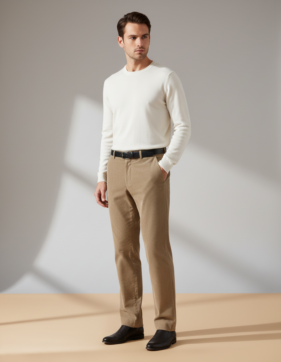 Pantalon Velours Côtelé Beige Homme Droit Élégant - Cordé