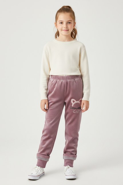 Pantalon Velours Rose Fille Motif Chat Hiver