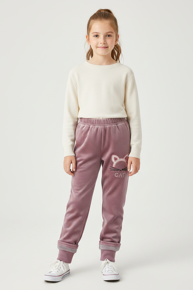 Pantalon Velours Rose Fille Motif Chat Hiver