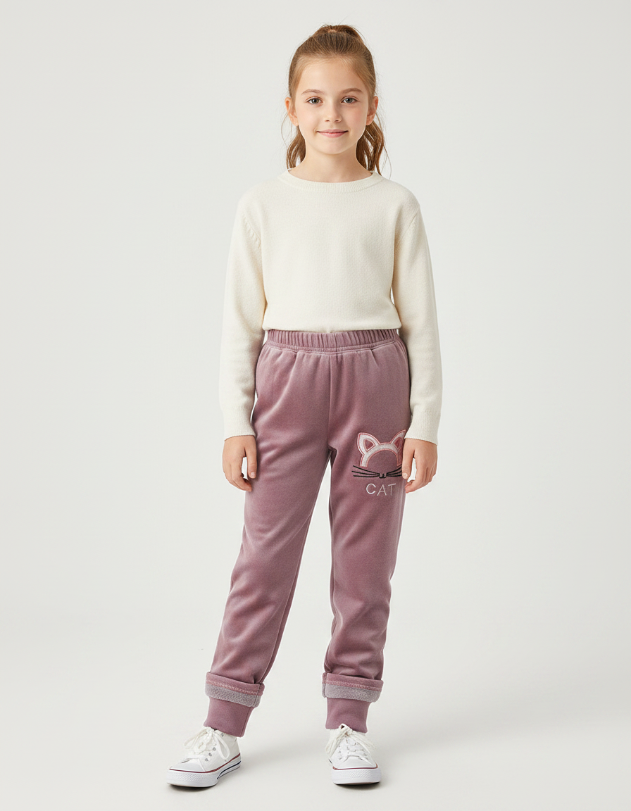 Pantalon Velours Rose Fille Motif Chat Hiver