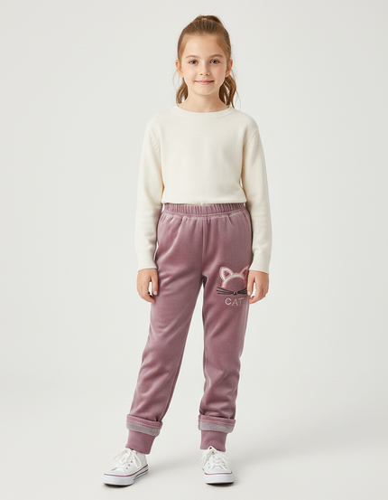 Pantalon Velours Rose Fille Motif Chat Hiver