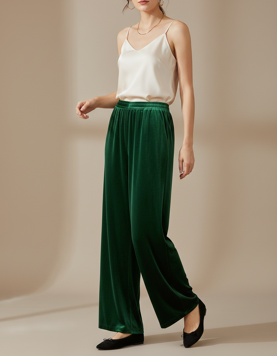 Pantalon Velours Vert Émeraude Ample Fluide Femme