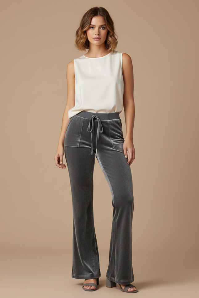 Pantalon Velours Gris Évasé Cordon Décontracté Femme