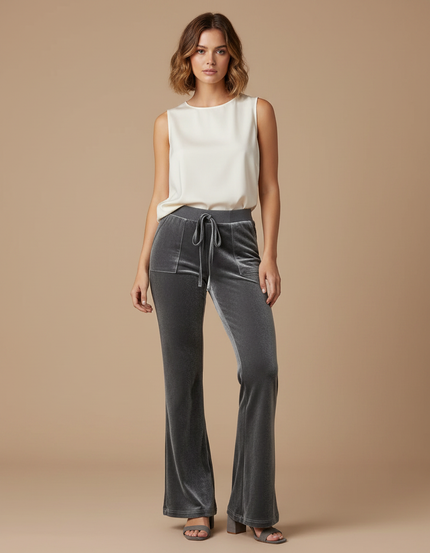 Pantalon Velours Gris Évasé Cordon Décontracté Femme