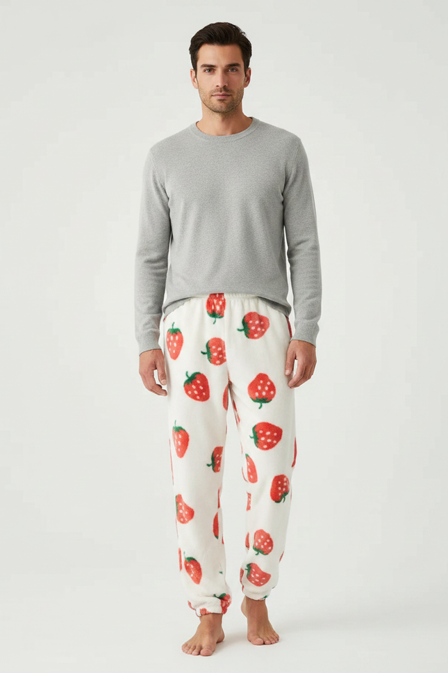 Pantalon Velours Blanc Fraises Ample Doux Homme - Imprimé Molleton