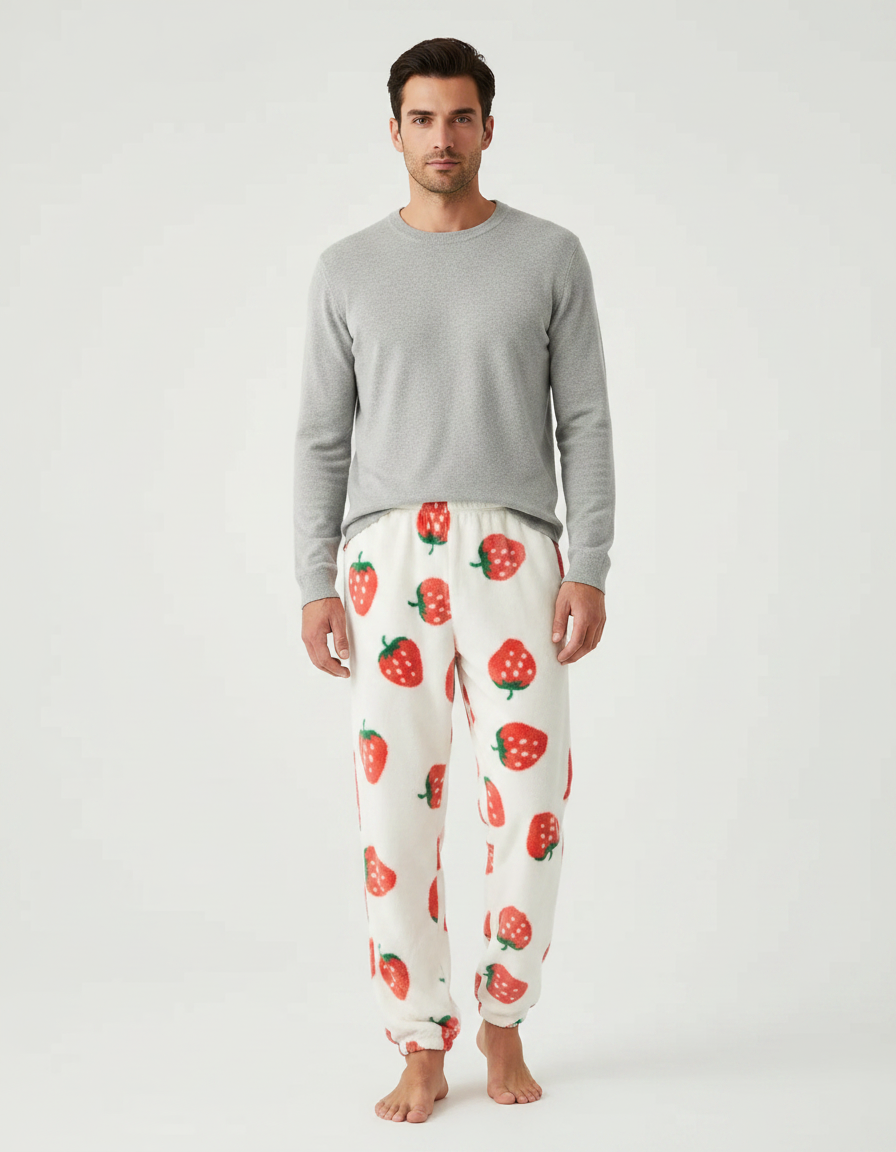 Pantalon Velours Blanc Fraises Ample Doux Homme - Imprimé Molleton