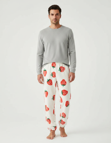Pantalon Velours Blanc Fraises Ample Doux Homme - Imprimé Molleton
