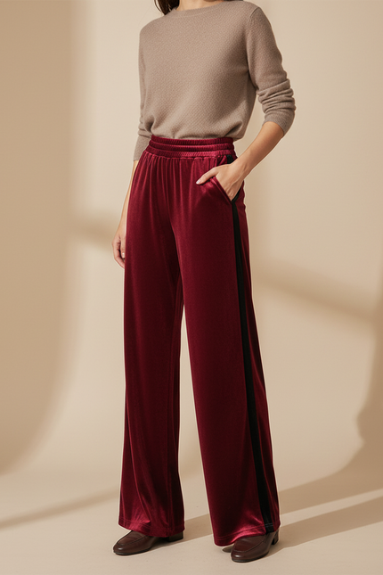 Pantalon Velours Bordeaux Large Fluide Élégant Femme