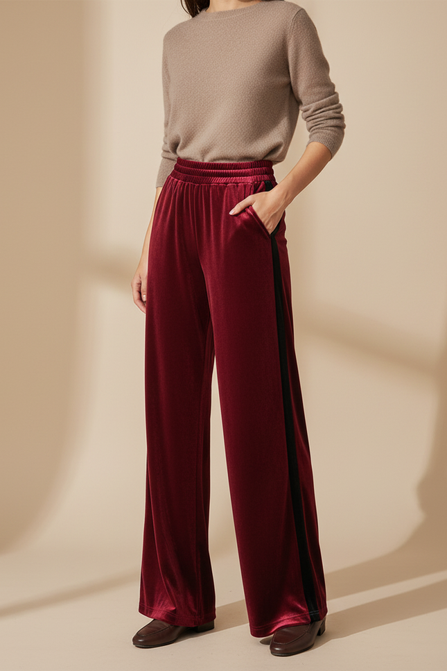 Pantalon Velours Bordeaux Large Fluide Élégant Femme