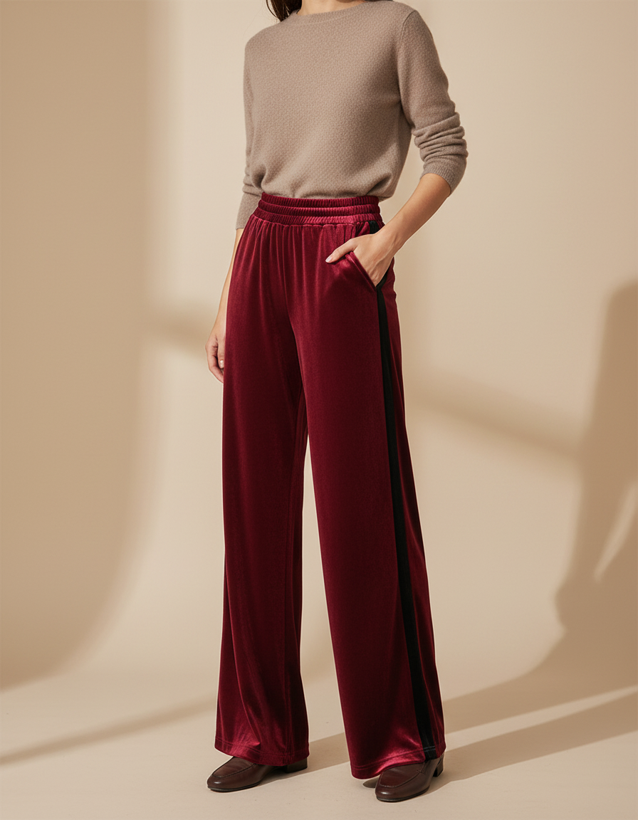 Pantalon Velours Bordeaux Large Fluide Élégant Femme