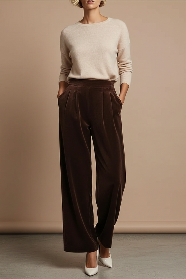Pantalon Velours Marron Ample Taille Haute Fluide